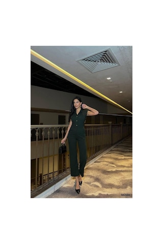 DefyModa Kadın Krep Kumaş Kısa Kollu Tulum Haki