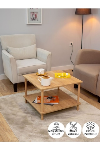 Kare Orta Sehpa Ahşap Ayaklı Sehpa Iki Raflı Sehpa Dekoratif Sehpa Gazetelikli - Safir Meşe-60x60