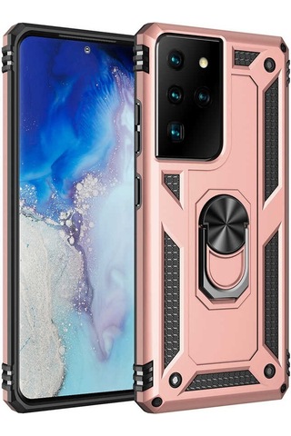 Samsung Galaxy Uyumlu S21 Ultra Kılıf Sert Silikon Yüzüklü Stand Özellikli Kapak