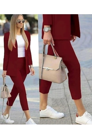 İkales Kadın Atlas Kumaş Ceket Pantolon Takım Bordo