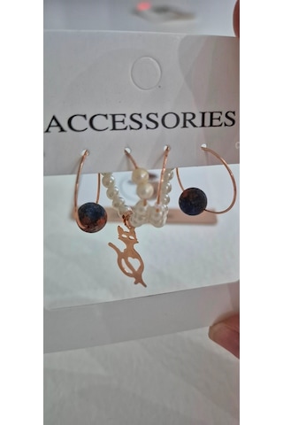 Kedili İnciliküçük Halka Rose Gold Küpe Set Rose