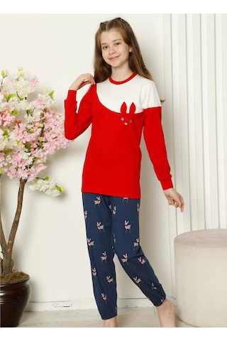 Alimer EDY5163UK-K Kız Çocuk Bisiklet Yaka Uzun Kol Pijama Takım Kırmızı