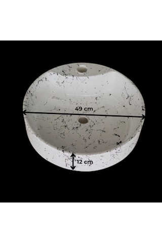 Mermer Desenli Tezgah Üstü Yuvarlak Çanak Taş Lavabo 45 Cm Musluk Delikli Beyaz