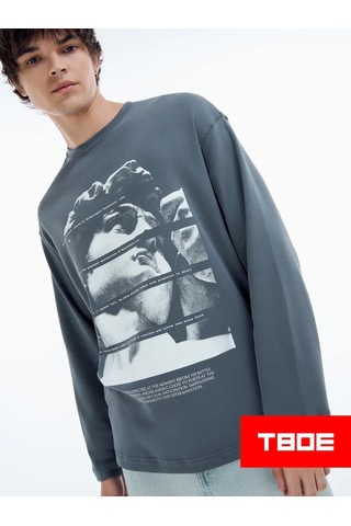 Tvoe Antik Heykel Baskılı Oversize Uzun Kollu Erkek Tişört 479789516 Koyu Gri
