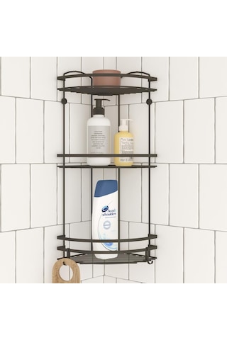 Teknotel Üç Katlı Kancalı Banyo Rafı Mat Siyah Lm009H Çok Renkli
