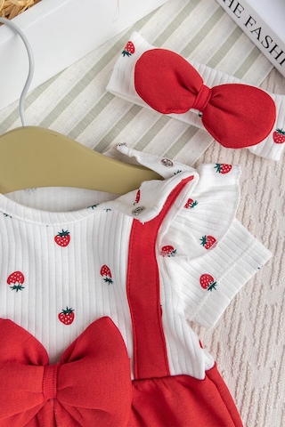 Babymod Pamuklu Kız Bebek Yazlık Tulum Takım Set Bandanalı Fiyonklu Kırmızı