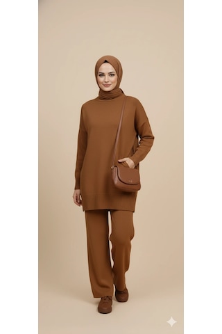 Triko Tunik Pantolon Tesettür Takım Kahve