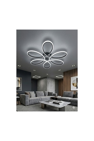 Yüksek Aydınlatmalı Papatya Model Siyah Gövde Rengi Tavana Yapışık Plofonyer Modern 3 Renk Led Avize
