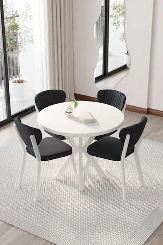 Elma Mutfak Masası Takımı Yuvarlak 4 Kişilik Mutfak Yemek Masa Takımı Antrasit Düz Beyaz