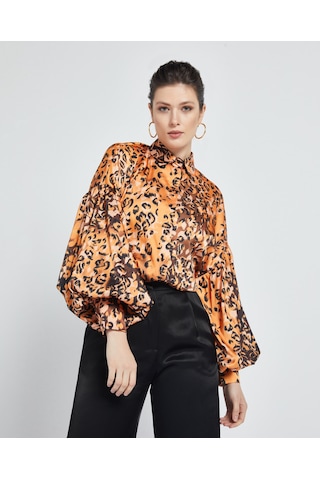 Serpil Exclusive Kadın Leopar Desenli Gömlek - Balon Kol - Saten - Modern Ve Şık Tasarım - Günlük Ve Özel Gün Kullanımı İçin Gömlek Orange