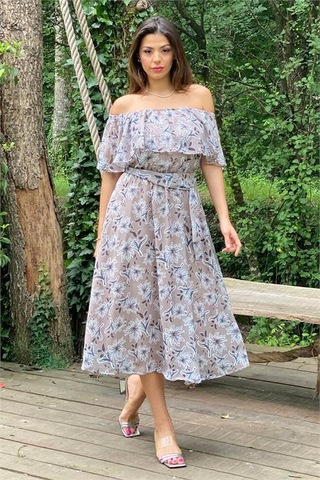 Neşeli Butik Kadın Bej Madonna Kuşaklı Çiçek Desenli Şifon Elbise Nb10037 Vizon