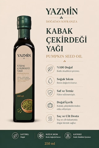Yazmin Kabak Çekirdeği Yağı 250 Ml Cam Şişe Soğuk Sıkım %100 Saf Doğal Kabak Çekirdeği Yağı