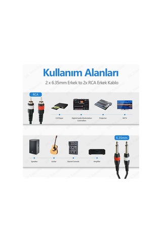 2x 6.35 mm 1/4 Erkek Jack to 2x RCA Erkek Ses Kablosu 3 Metre