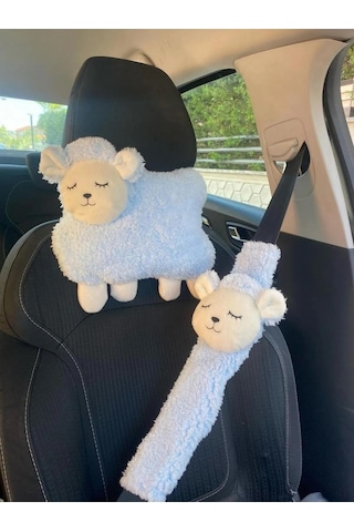 Mavi Kuzu Araba Boyun Yastığı Ve Emniyet Kemeri Aksesuarı Peluş Kılıf Seti 1 Yastık Ve 1 Kılıf Diğer