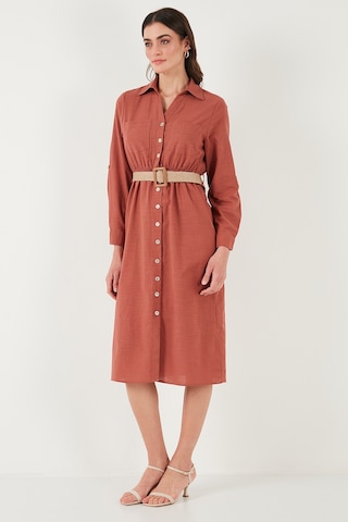 Lela Pamuklu Regular Fit Kemerli Midi Boy Gömlek Bayan Elbise 67810301 Camel