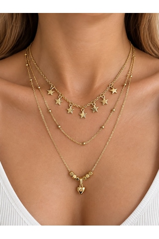 Kadın Çoklu Katmanlı Kolye Kombini Yıldız Kalp Madalyon Deniz Yıldızı Charm Detaylı Şık Kolye Seti Km057 Rose Gold