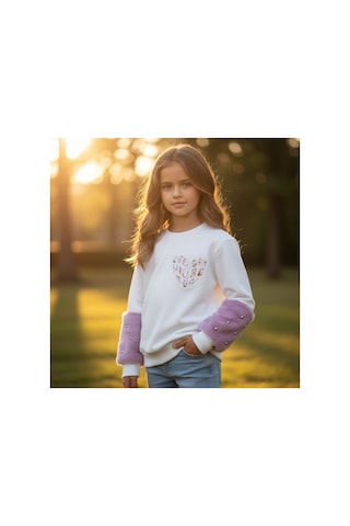 Fesshera Kids Kız Çocuk Sweatshirt Beyaz Sevimli Kalp Baskılı Peluş Kollu İnci Detaylı Pamuklu Sweatshirt