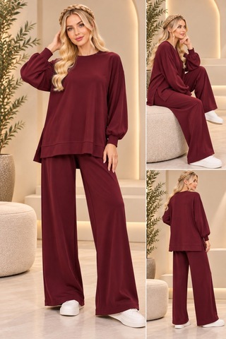 Bul-al Kadın Oversize Bisiklet Yaka Uzun Kollu Tunik Ve Cepli Olmayan Bol Paça Pantolon İkili Takım Bordo