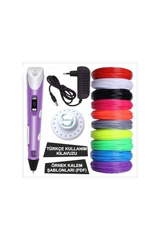 Mor Renk 3d Kalem + 25 Renk Toplam 25 Metre Pla Filament + Şablon