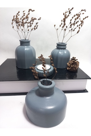 Modern Minimal Vazo Set 3'lü, Ev & Ofis Hediyelik, Dekoratif Obje, Gri
