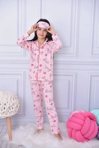 Lillypicca Kız Çocuk Desenli Pamuklu Önden Düğmeli Göz Bantlı Uzun Kol Pijama Takımı 9036 Pembe