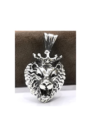 Omar Silver Unisex Aslan Kafası Kral Tacı Figürlü Kolye Ucu Oksit (513868003)