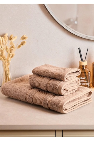 Towy Beige 100% Pamuk 3'lü Banyo Havlusu Seti Bej