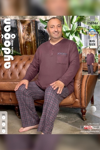 Aydoğan Erkek Emir Büyük Beden Kışlık Termal Kestane Rengi Pijama Takım 0544 Kahverengi