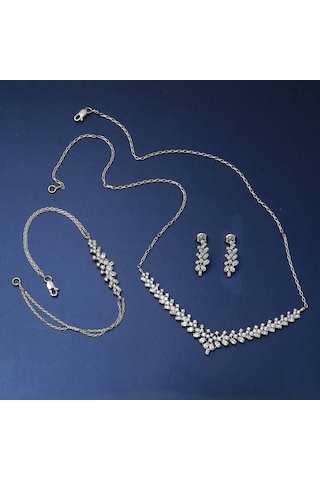 Bilezikci Modern Tasarım 14 Ayar Beyaz Altın Hanımeli Set Stpj34133