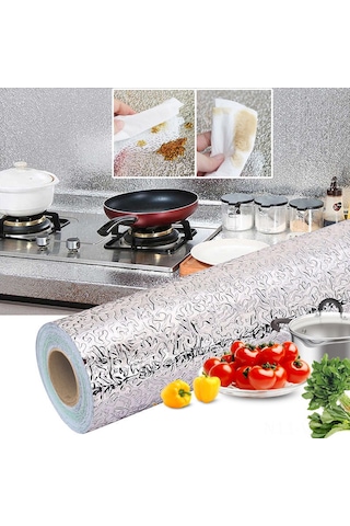 Vkemall Kalın Pvc Mutfak Yağ Önleyici Yapışkanlı Duvar Kağıdı - 40cmx5m Araç Hediyeli Gümüş