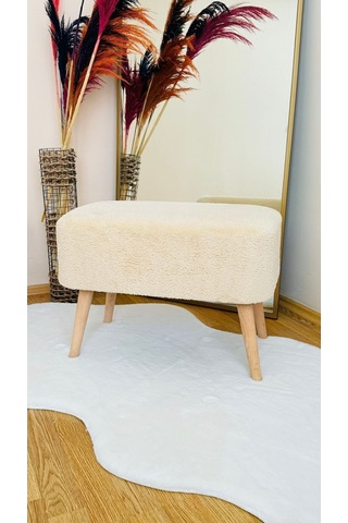 Ahşap Ayaklı Teddy Kumaş Dikdörtgen Dekoratif Puf Bench Ekru