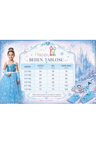 Butik Happy Kids Elsa Kız Çocuk Prenses Kostümü Askılı Payetli Kar Taneli Elbise - Taç Asa Eldiven Hediyeli Mavi