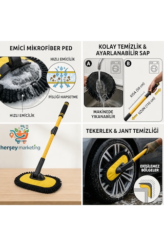 Teleskopik Saplı Uzayan Egimli Dönebilen Mikrofiber Başlıklı Araç Yıkama Fırçası Mop Sarı Uzayıp Kısalan Sap 50 - 110 Cm Premium Şönil Araç Yıkama Mopu