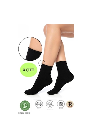 Trampler Unisex 3 Çift Bambu Çorap Lastiksiz Siyah Soket Çorap Sıkmayan Çorap Siyah