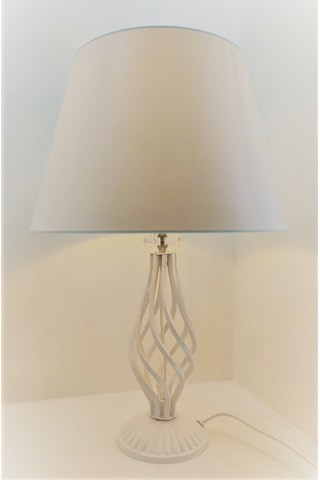 Beyaz Rustik Burgulu Taşlı Metal Ayaklı Beyaz Şapkalı Abajur Beyaz