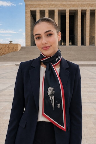 Tarzını Seç Atatürk Siyah Kırmızı Şeritli Atatürk Fotograflı Ve İmzalı 85x25cm Kravat / Eşarp / Fular