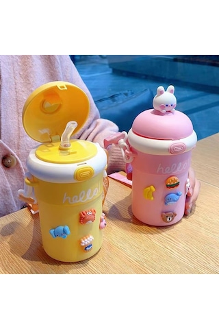 Taşınabilir Sevimli Karikatür Tavşan Su Bardağı-pembe