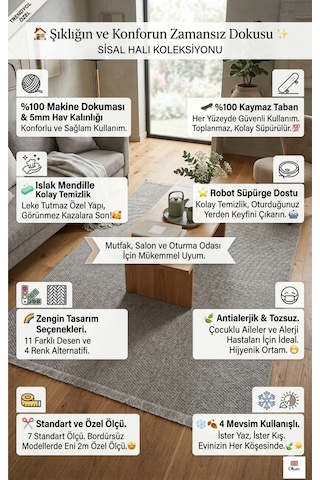 Sisal Serisi Leke Tutmaz Kaymaz Tabanlı Mutfak Salon Halısı Robot Süpürge Uyumlu Antialerjik Gri