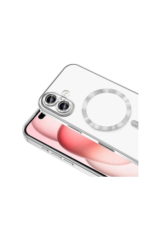 Apple Uyumlu iPhone 17 İçin Magsafe İle Kılıf Kamera Lensli Korumalı Şeffaf Silikon Kapak Gümüş