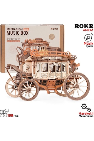 Rokr Amka1 Müzik Kutusu Stage Coach Music Box Dıy Mechanical 3d Wooden Puzzle Maket Model Seti 3d Model Kit Detaylı Dekoratif Hobi Seti Ahşap Maket Hareketli