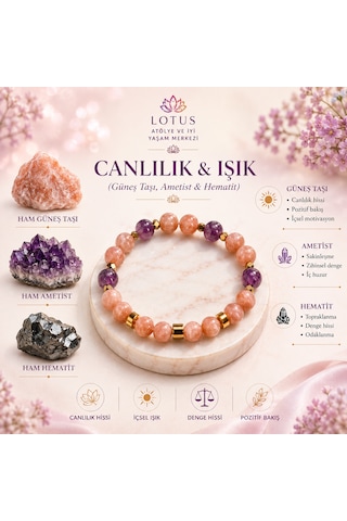 Canlılığın Işığı & Doğal Taş Bileklik Güneş Taşı, Ametist & Hematit Canlılık