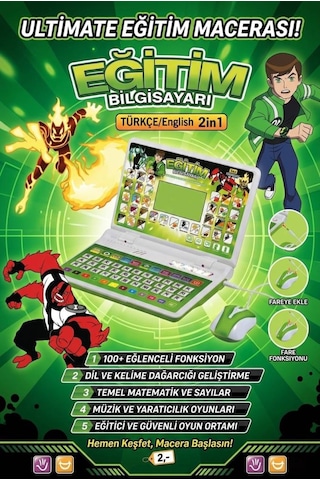 Sesli 100 Fonksiyonlu Ben10 Temalı Fareli Türkçe Ve İngilizce Destekli Eğitici Oyuncak Laptop
