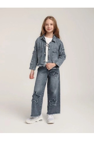 Kız Çocuk Yıldızlı Büyük Cepli Kot Ceket-15622 Mavi