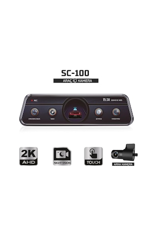 Sentinel Sc-100 2k Ahd Çift Kameralı Araç İçi Dikiz Aynası Kamera Wi-fi, G-sensor, Gece Görüş, Dokunmatik Ekran