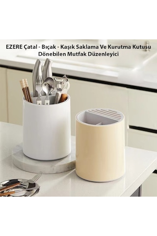 Ezere Çatal - Biçak - Kasik Saklama Ve Kurutma Kutusu Dönebilen Mutfak Düzenleyici - Beyaz Beyaz