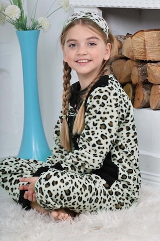 Kız Çocuk Leopar Desenli Göz Bantlı Peluş Polar Pijama Takımı Siyah