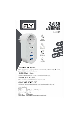 Fly 3400-01 Akım Korumalı 3 Usb Çıkış Hızlı Şarjlı Topraklı Priz Diğer