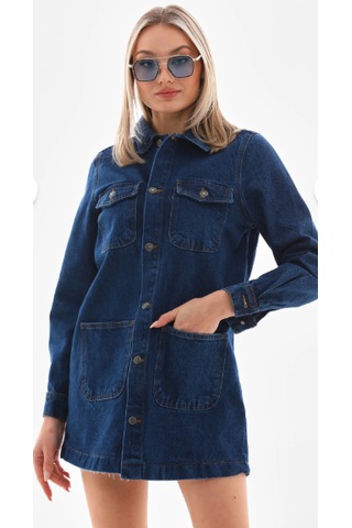 Eseclass Kadın Koyu Mavi Çift Cepli Uzun Denim Ceket - Düğmeli Kot Ceket Tunik