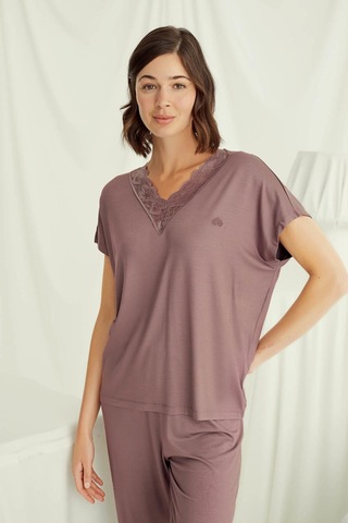 Monamise 18512 Kadın V Yaka Kısa Kollu Pijama Takımı-kahve Kahve