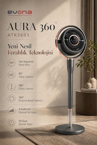 Aura 360, 6 Kademeli Hız Ayarlı Akıllı Vantilatör, 360 Derece Salınım / 80 Yatay Salınım, 180 Dikey Salın